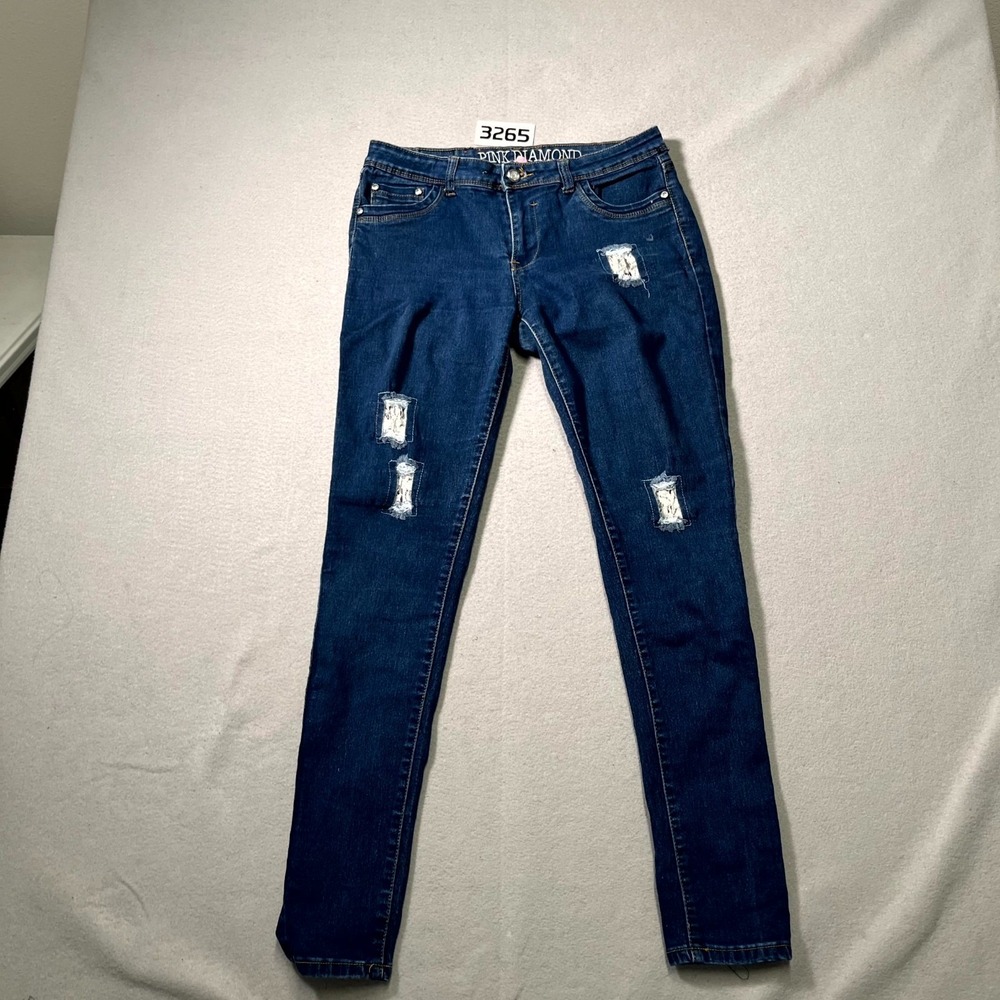 Pink Diamond Jeans Womens 11 Blue Denim Stretch Dark Wash Distressed Skinny Leg